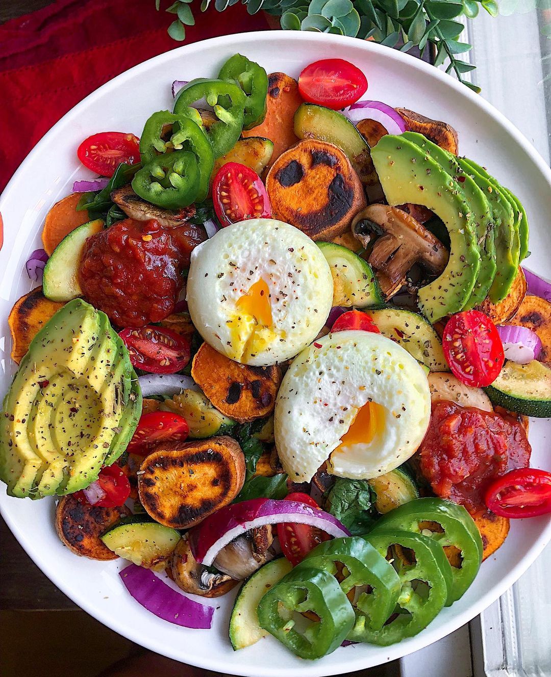 Sweet Potato Nachos with Poached Eggs and Veggies