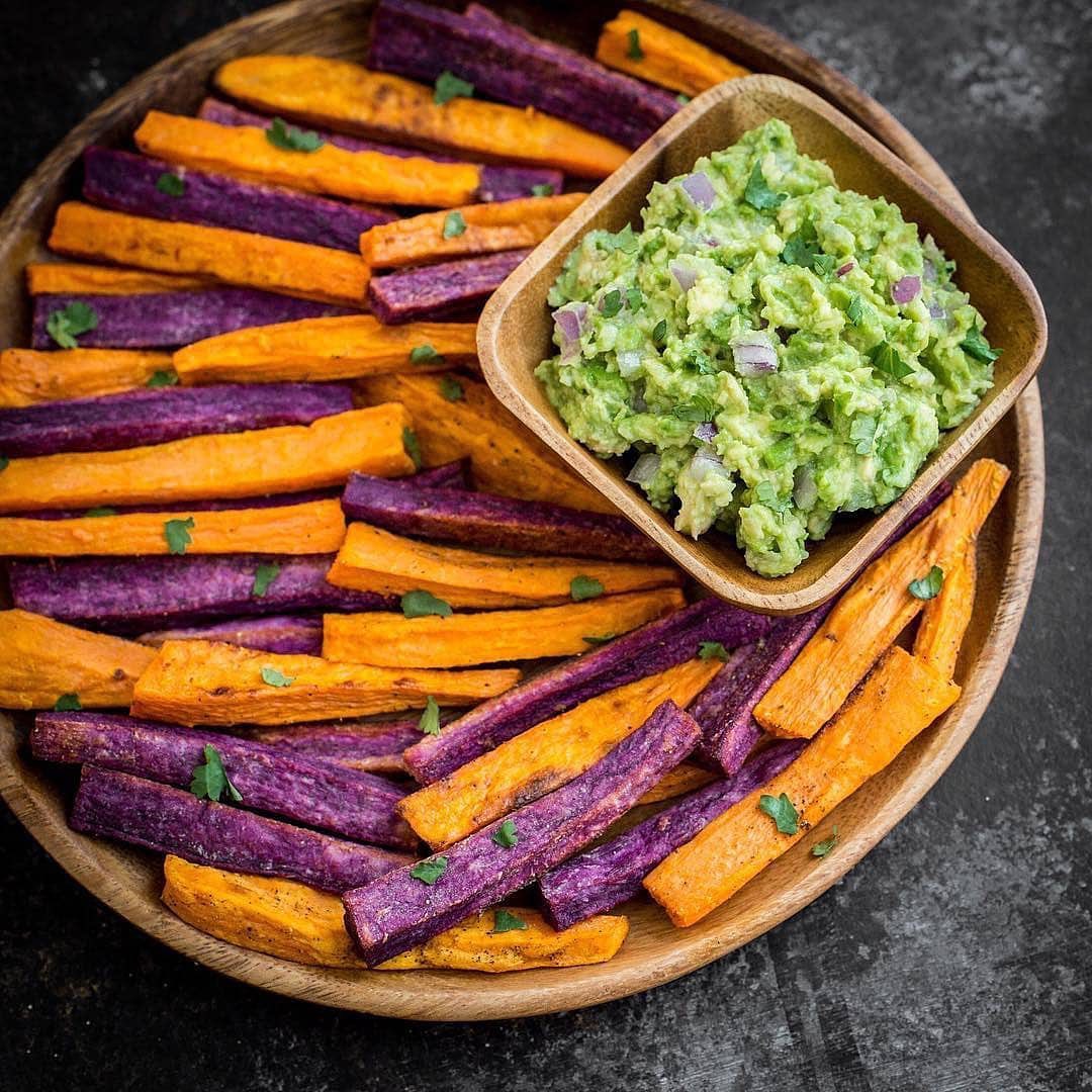 Multi-Colored Sweet Potato Fries with Guacamole