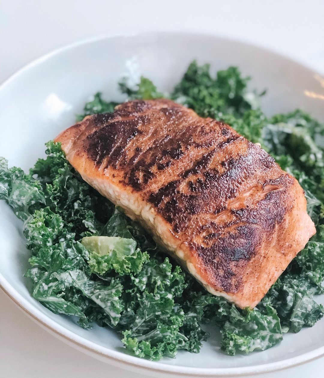 Spicy Pan-Fried Salmon with Kale Caesar Salad