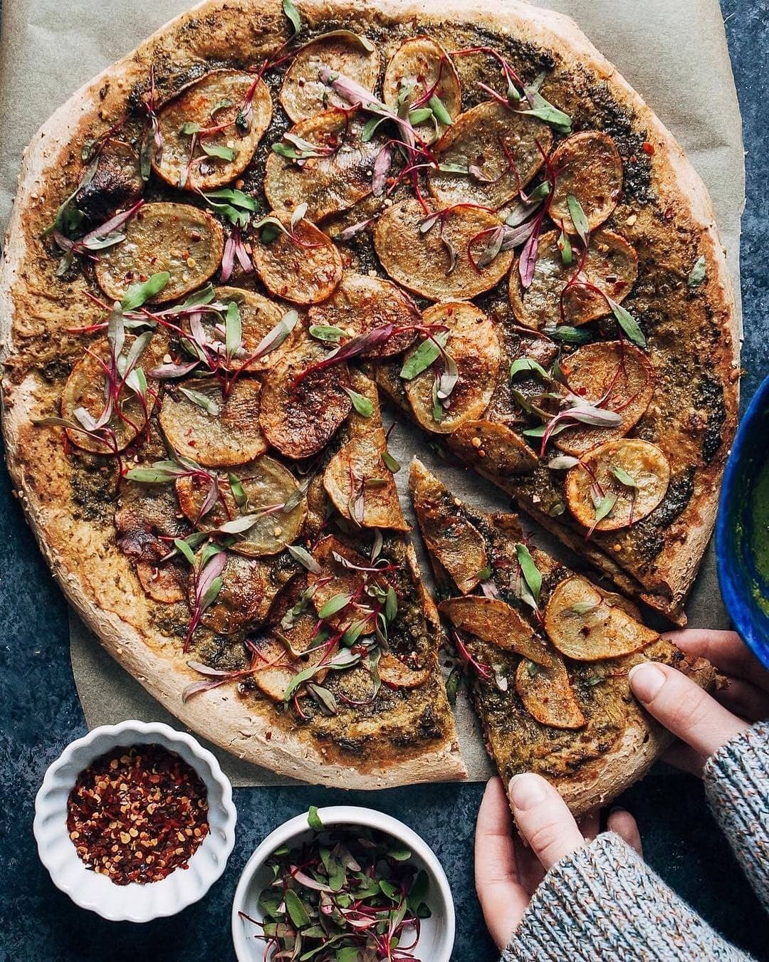 Vegan Pesto Pizza with Roasted Potatoes