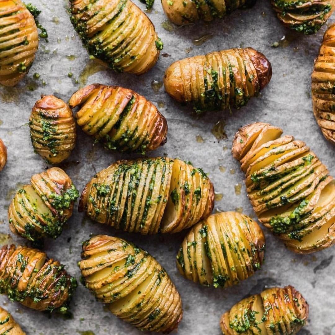 Hasselback Potatoes with Wild Garlic and Cashew Pesto