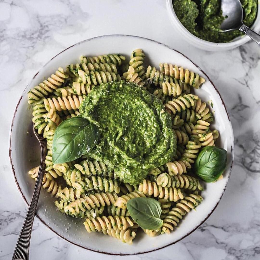 Wild Garlic Cashew Avocado Pesto with Fusilli