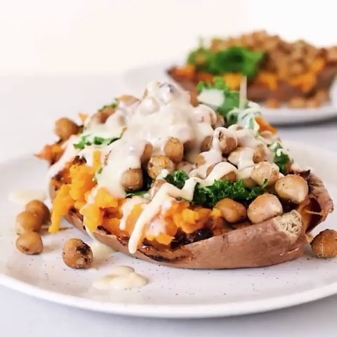 Loaded Sweet Potatoes with Sauce and Chickpeas