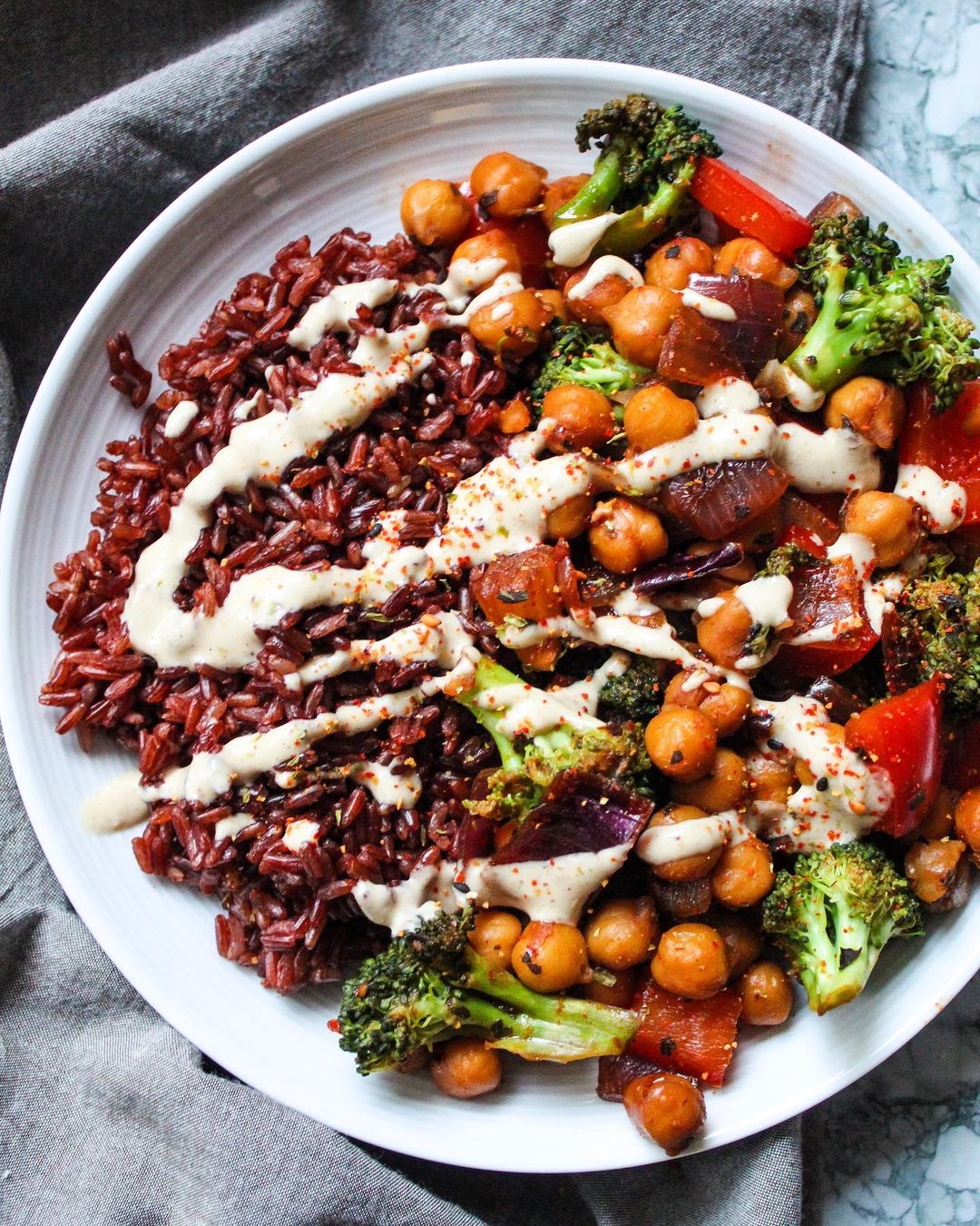 Chickpea Stirfry with Tahini Mustard Sauce