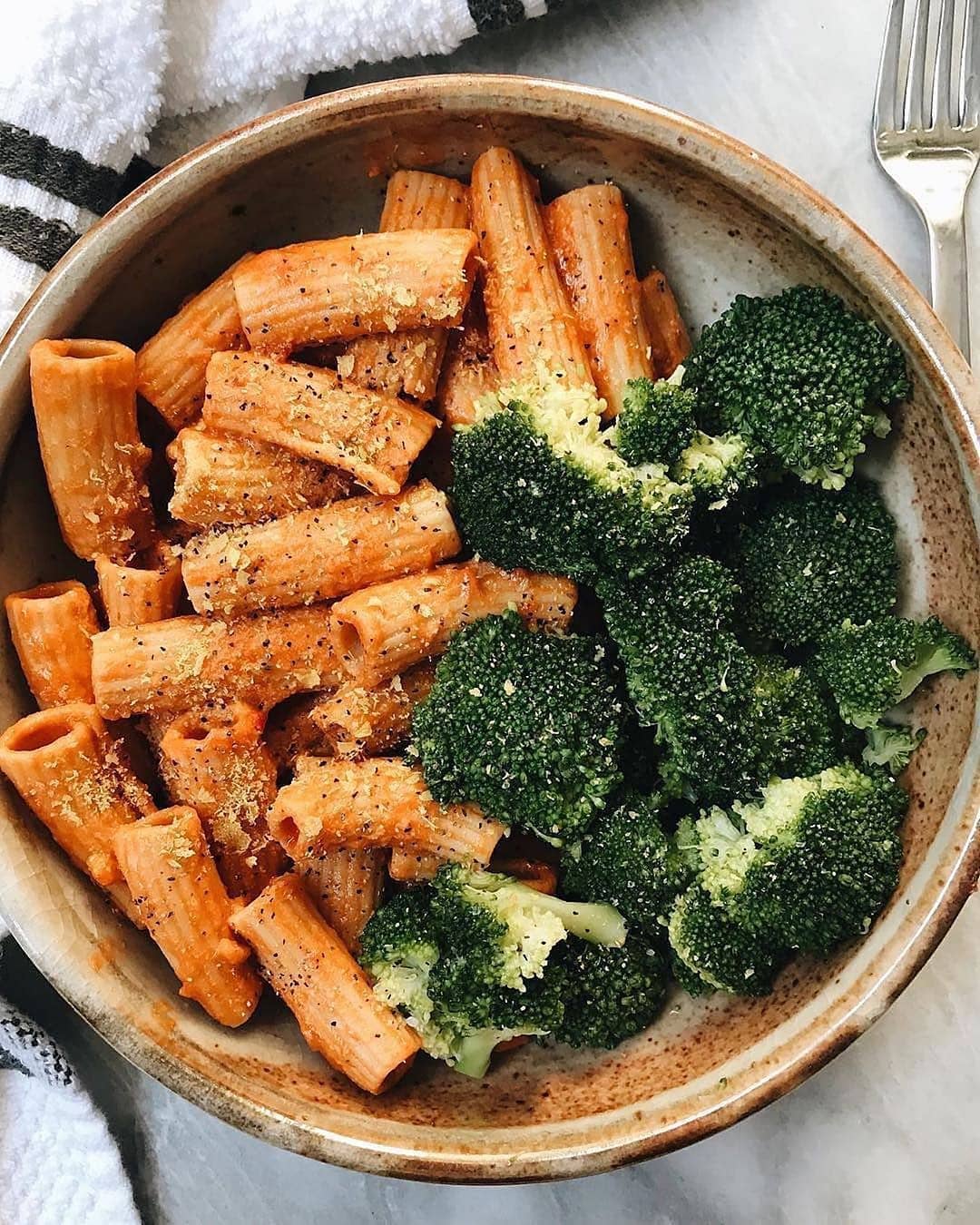 Rigatoni with Vegan Sauce and Steamed Broccoli