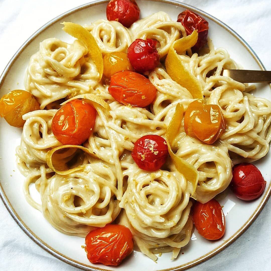 Spaghetti with Lemon Cream Sauce and Roasted Tomatoes
