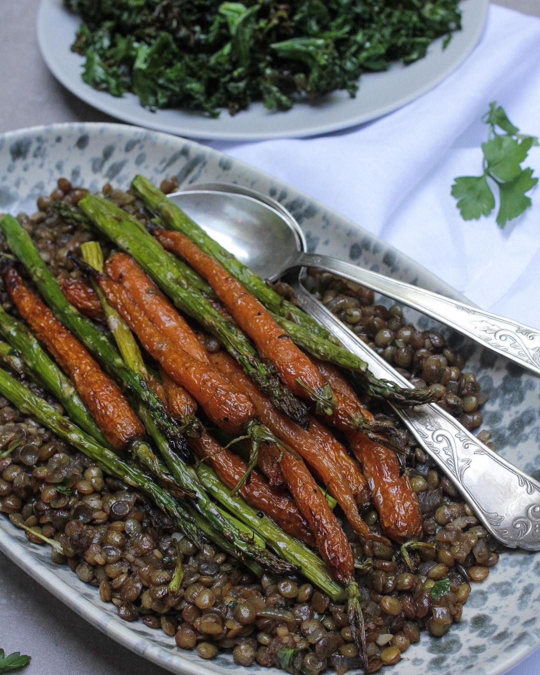 Balsamic Puy Lentils with Roasted Carrots and Asparagus