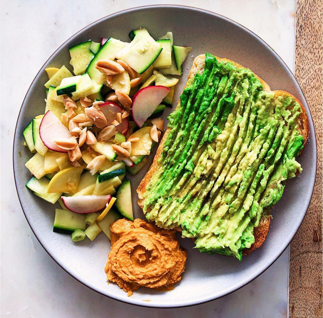 Avocado Toast with Raw Zucchini Salad and a Side of Hummus