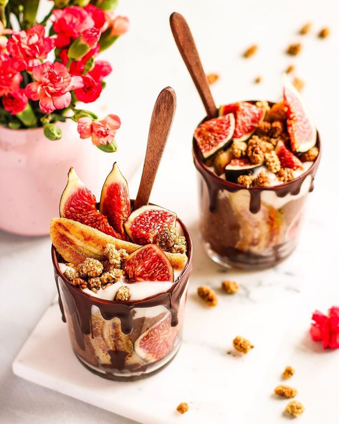Chocolate and Tahini Chia Pudding with Fried Bananas, Figs and Almond Yogurt