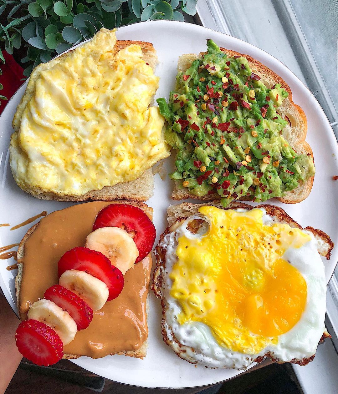 Breakfast Toast Four Ways with Eggs and Fruit