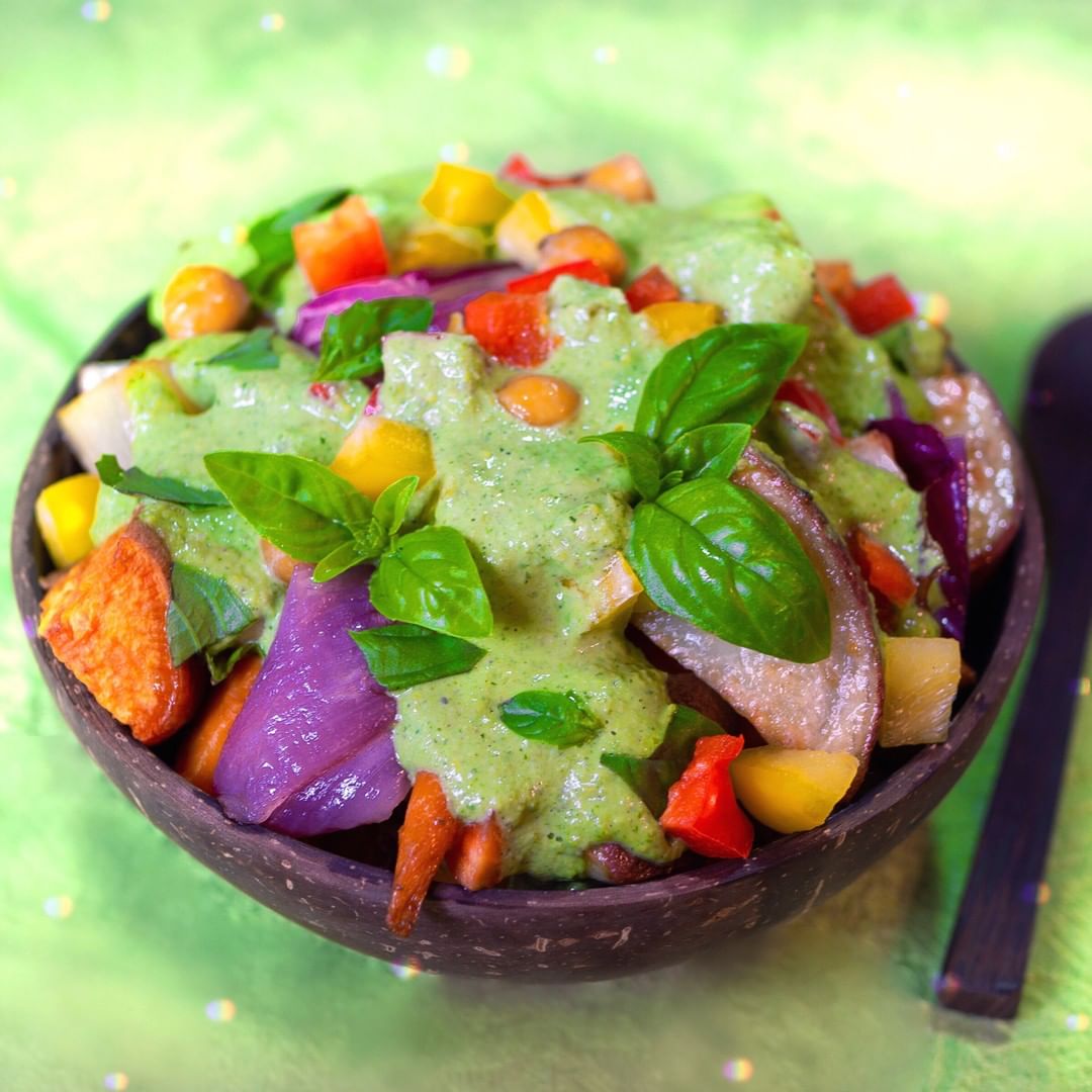 Roasted Sweet Potato Bowl with Fresh Peppers and Basil Sauce