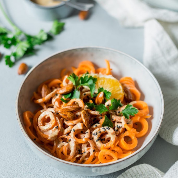 Carrot Noodles with Spicy Orange Almond Sauce