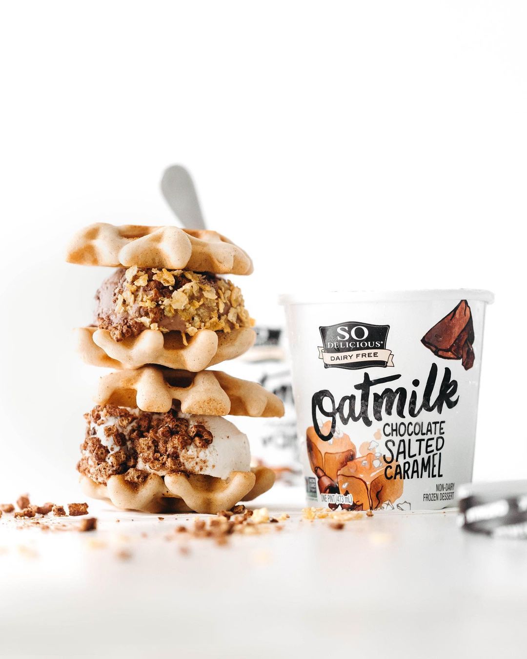 Crispy Grain-Free Vegan Waffles Stuffed with So Delicious Oatmilk Frozen Dessert