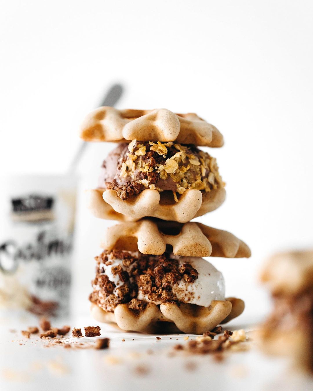 Crispy Grain-Free Vegan Waffles Stuffed with So Delicious Oatmilk Frozen Dessert