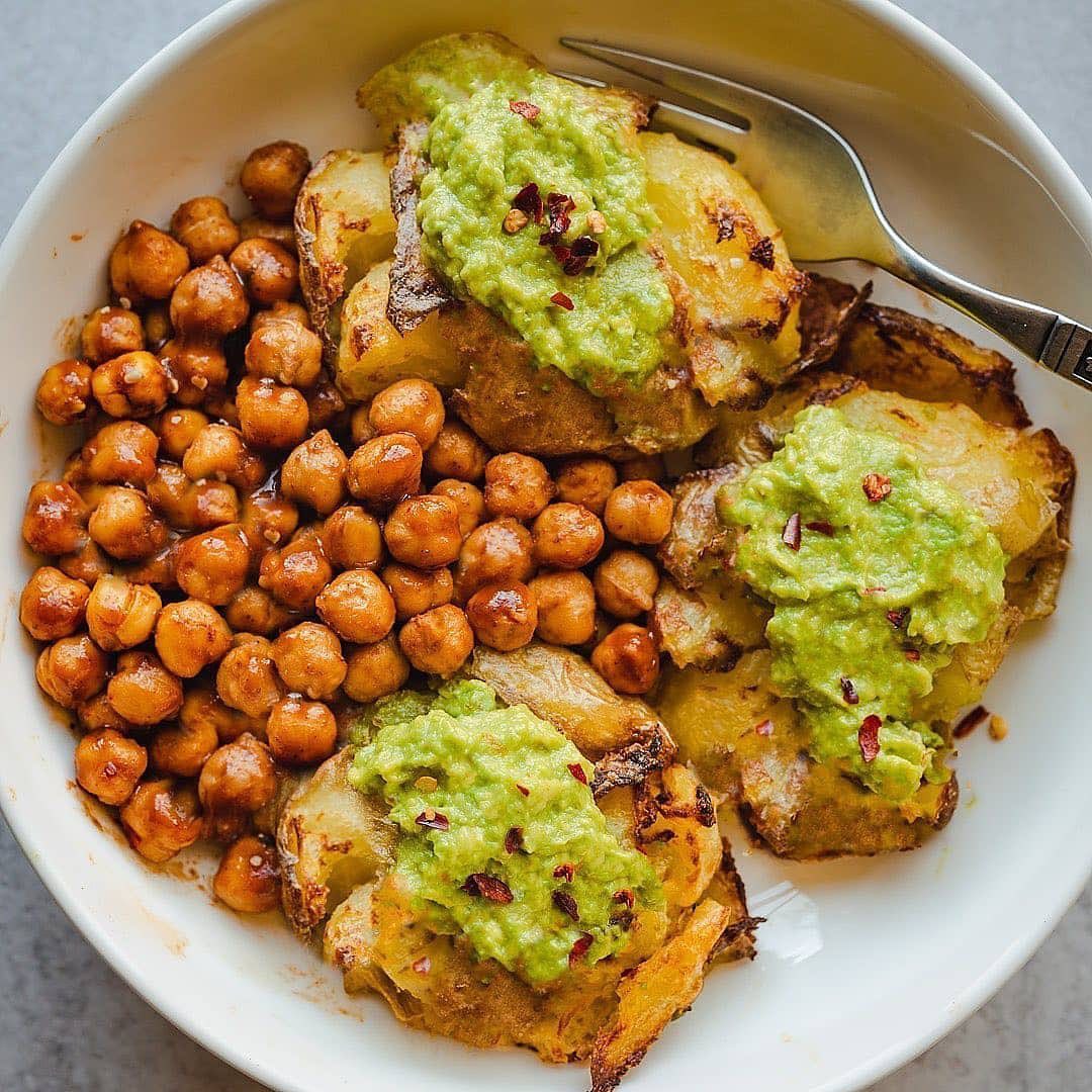 Crispy Smashed Potatoes with Avocado and BBQ Chickpeas