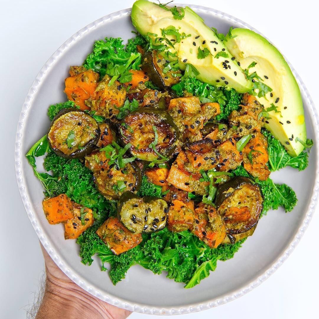 Pesto Roasted Squash and Courgette Kale Salad