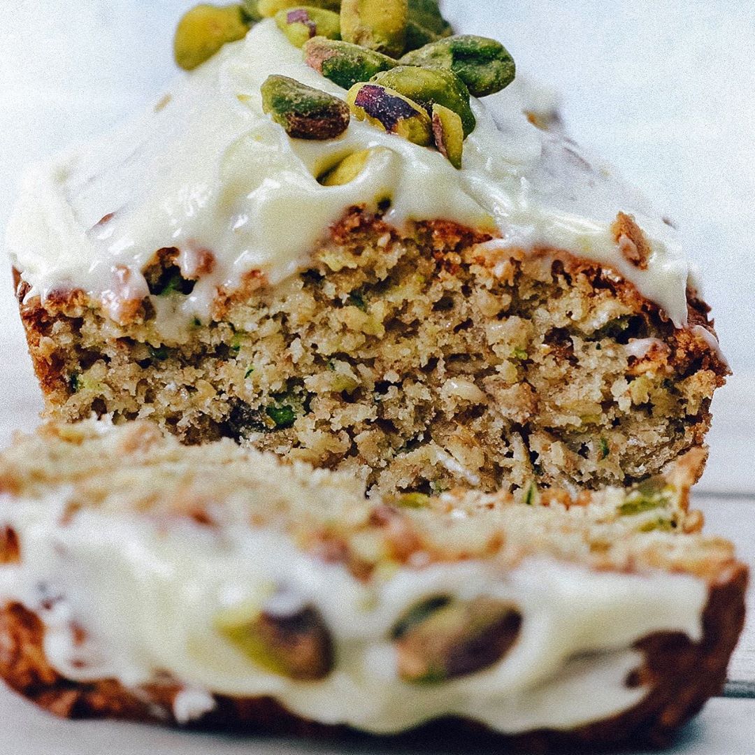 Pistachio Zucchini Bread with Lemon Icing