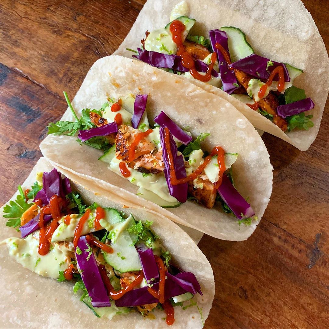 Salmon Tacos with Avocado Lime Crema