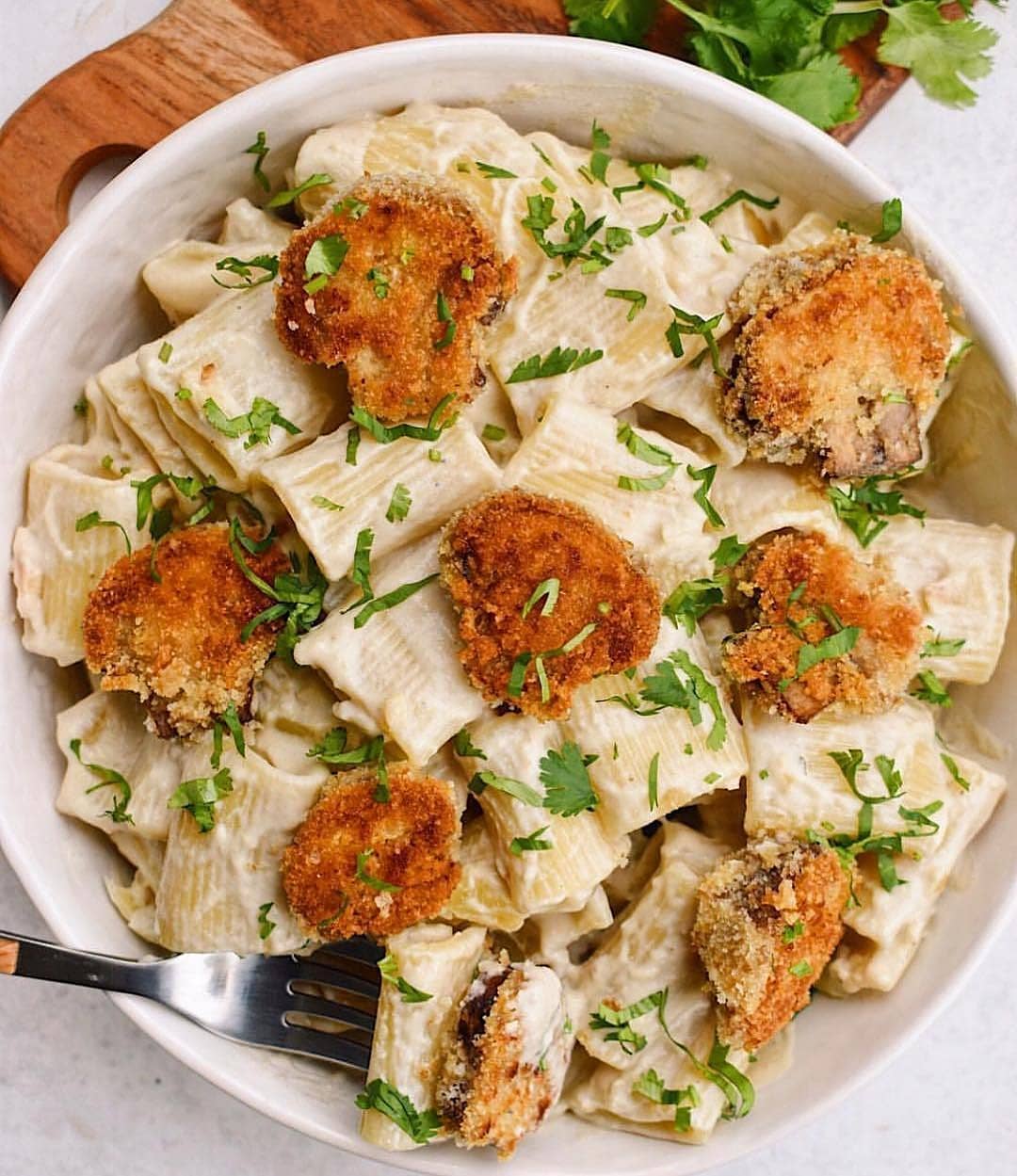 Crispy Mushroom Vegan Alfredo Pasta
