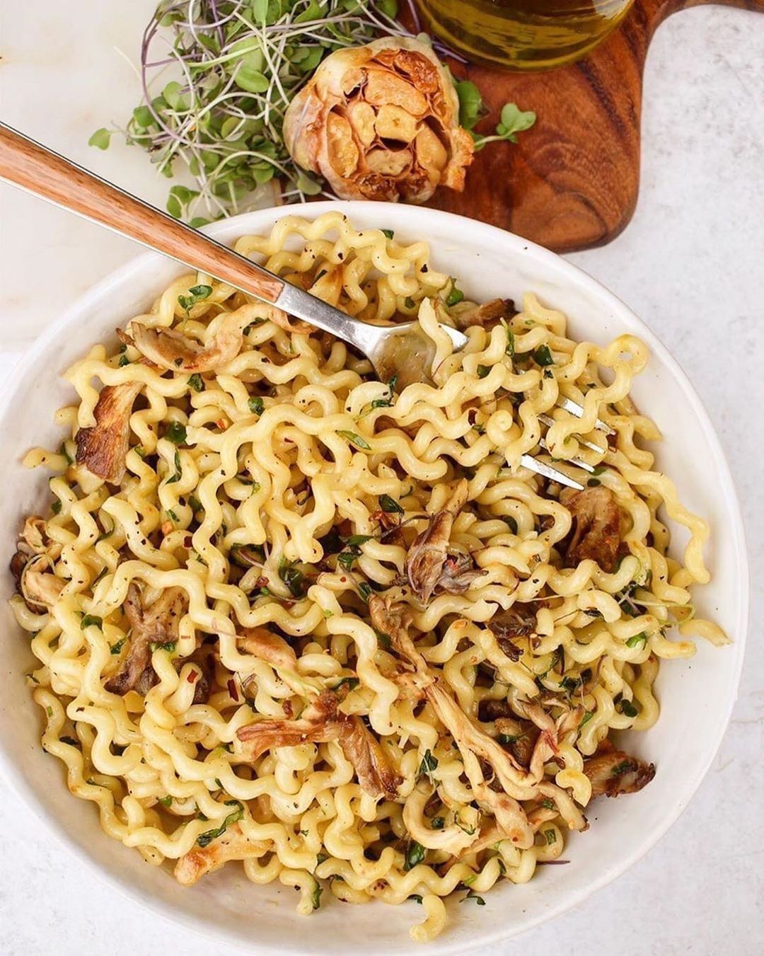 Roasted Garlic Noodles with Mushrooms and Herbs