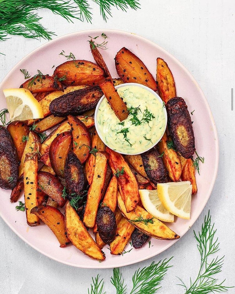 ​Crispy-Roasted Potato Wedges, Golden Beets and Purple Carrots Served with a Yogurt & Dill Dip