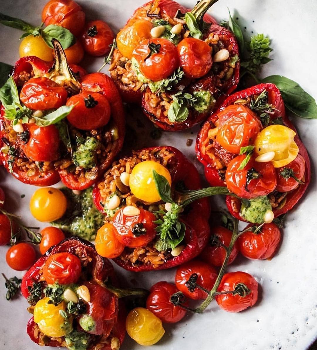 Stuffed Red Peppers with Rice, Pesto and Roasted Tomatoes