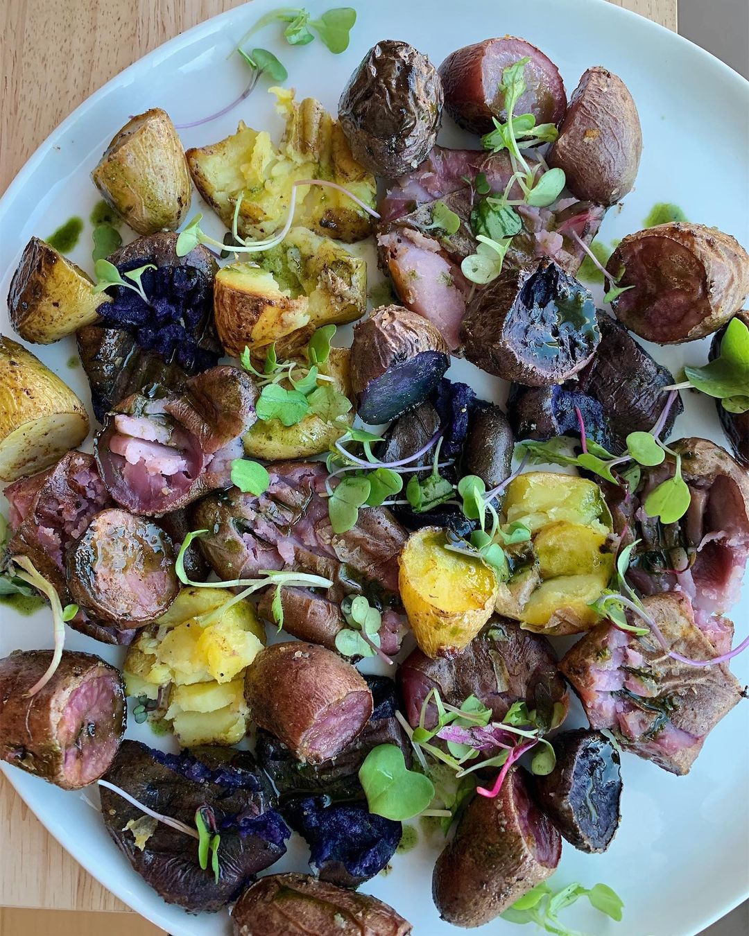 Smashed Baby Potatoes with Quick Green Pesto Drizzle