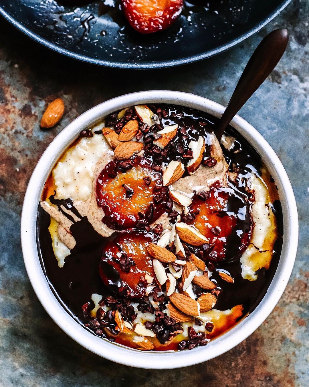 Overnight Oats with Almond Butter and Maple Plums