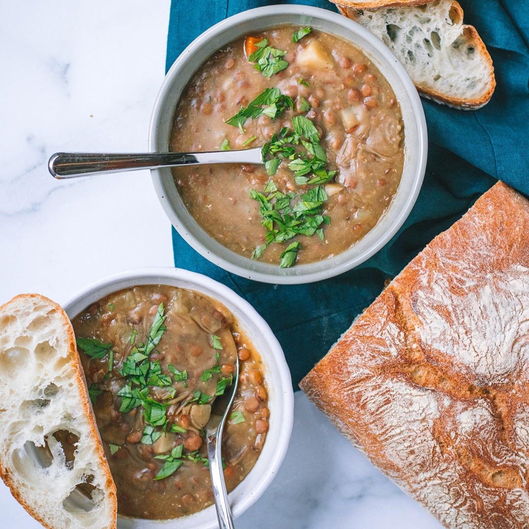 Cozy Double Lentil Soup with Veggies and Bread