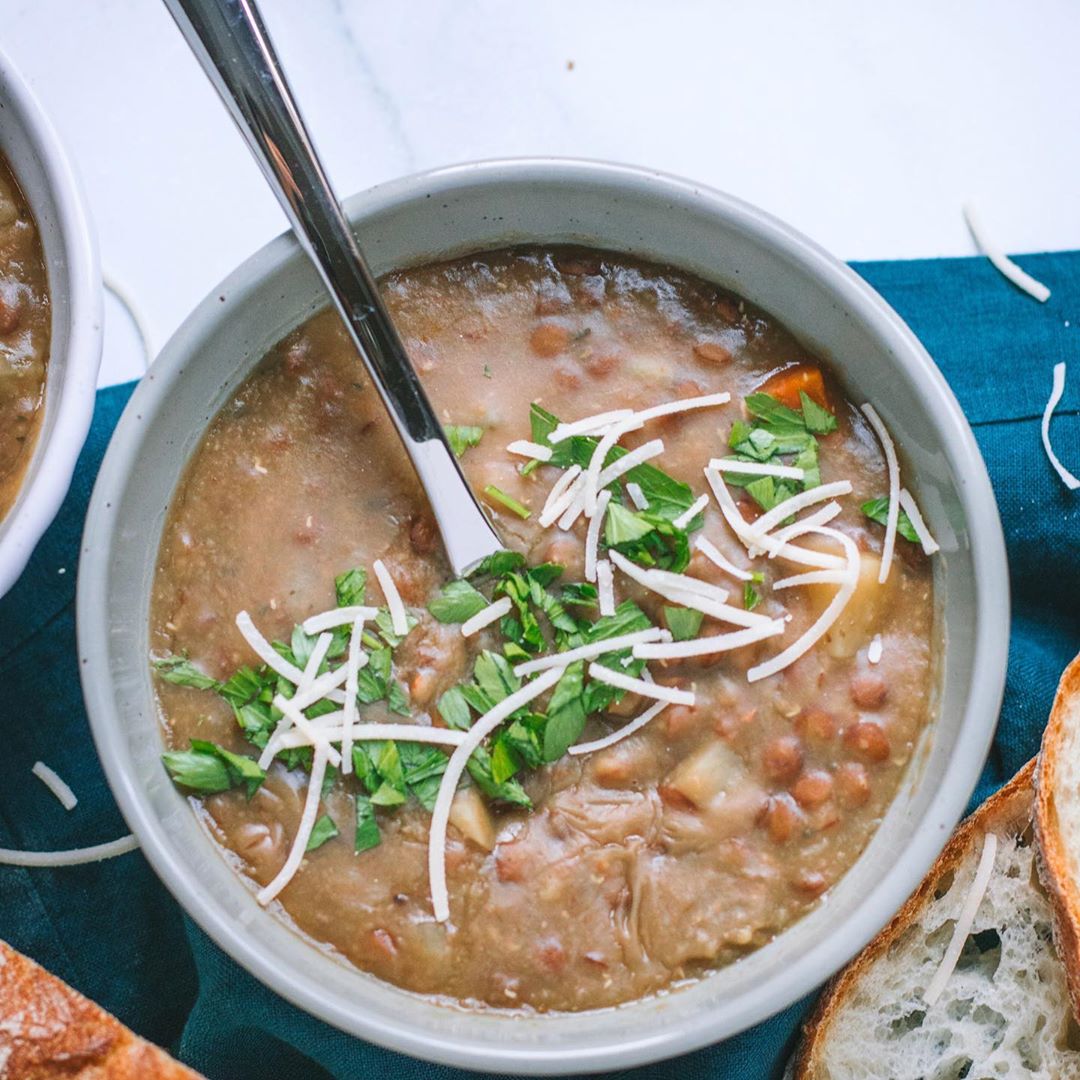 Cozy Double Lentil Soup with Veggies and Bread
