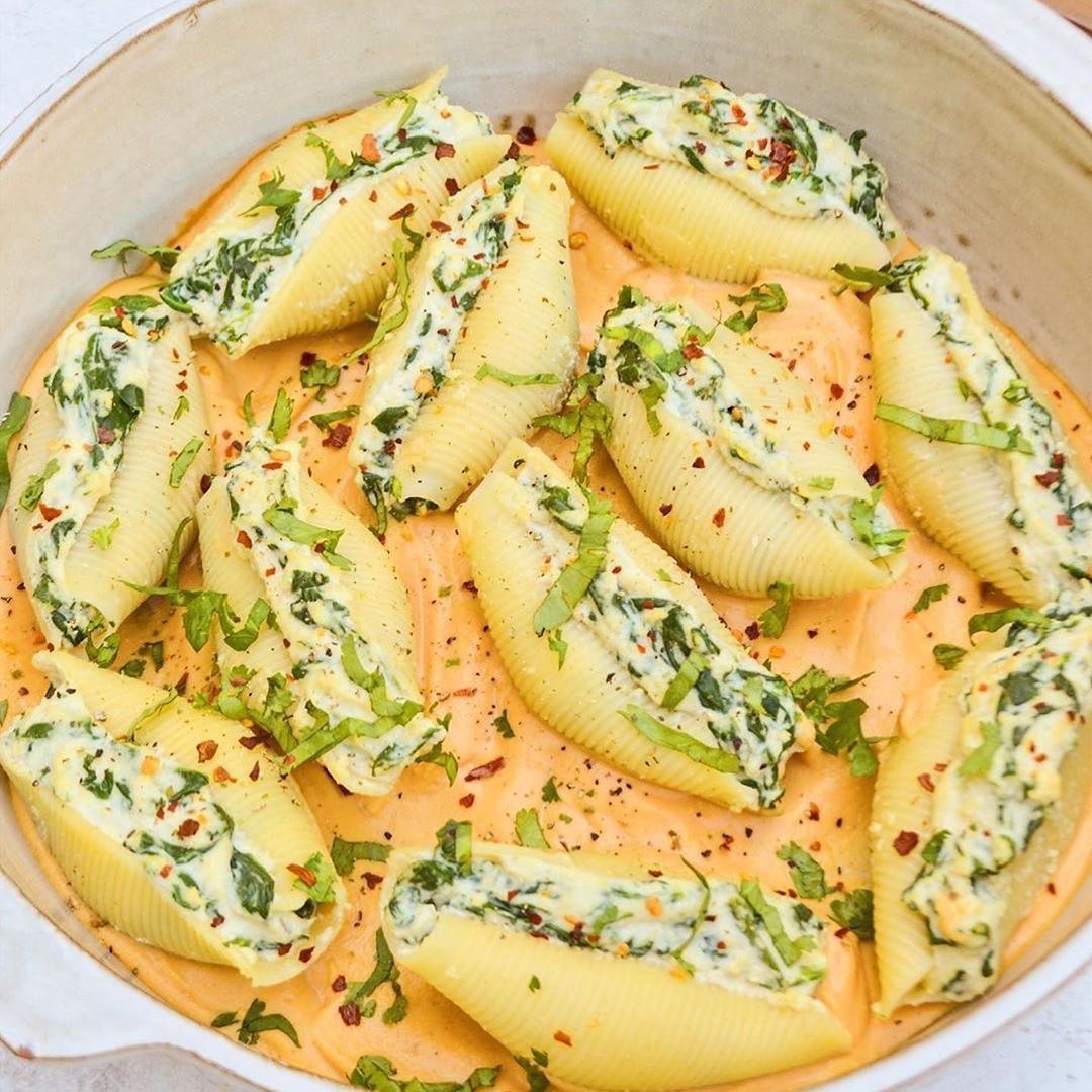 Vegan Ricotta Stuffed Shells with Pumpkin Sauce