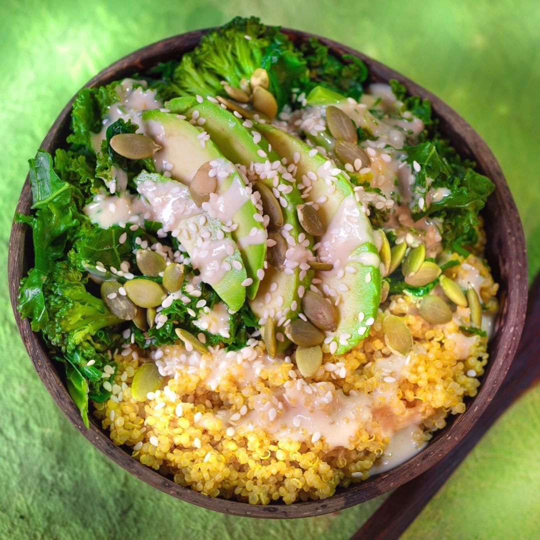 Curried Quinoa Bowl with Steamed Greens and Tahini Sauce