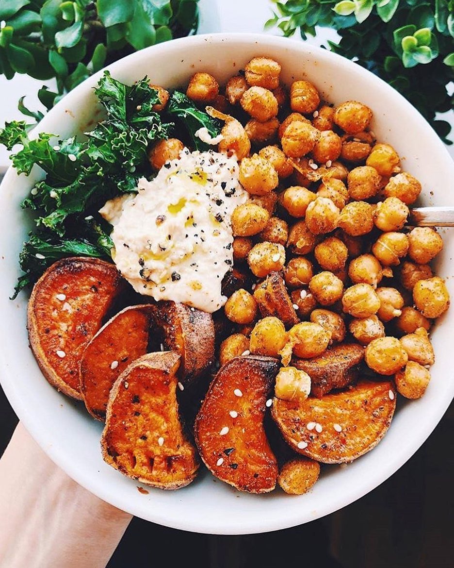A Bowl of Garlicky Roasted Sweet Potato Wedges, Sautéed Kale, Crunchy Roasted Curry Chickpeas