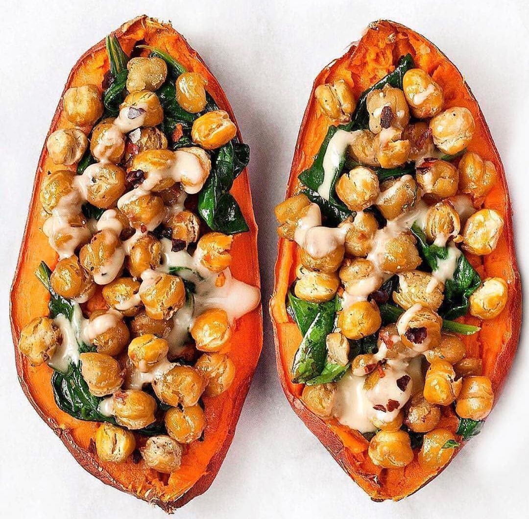 Chickpea Spinach Stuffed Sweet Potatoes