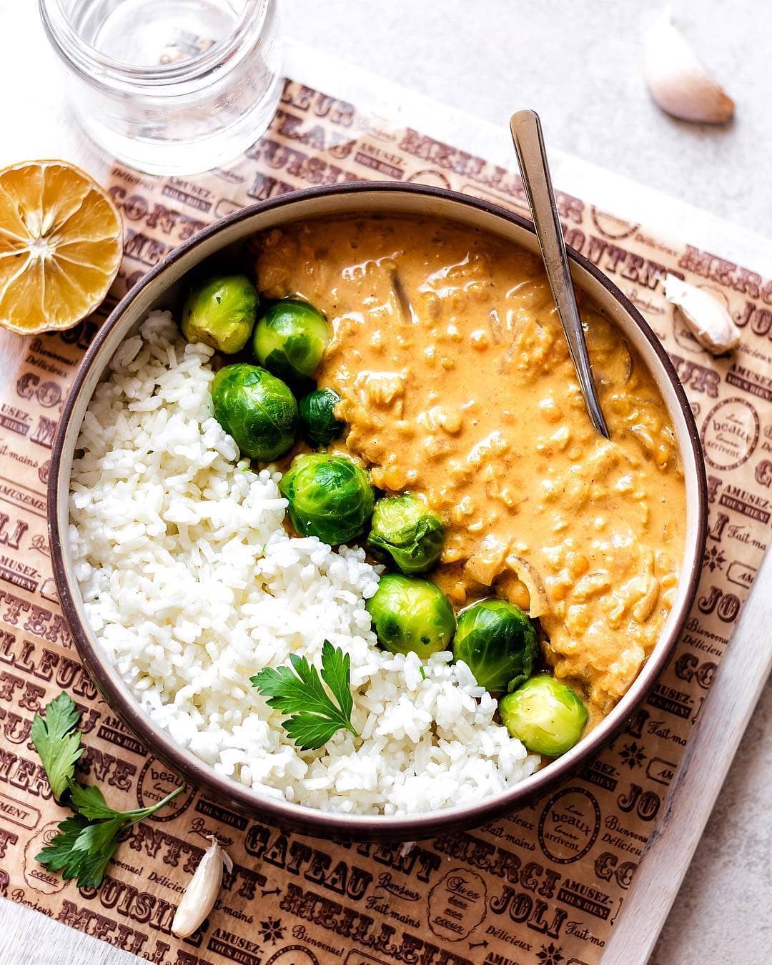 Red Lentil Curry with Brussels Sprouts and Rice
