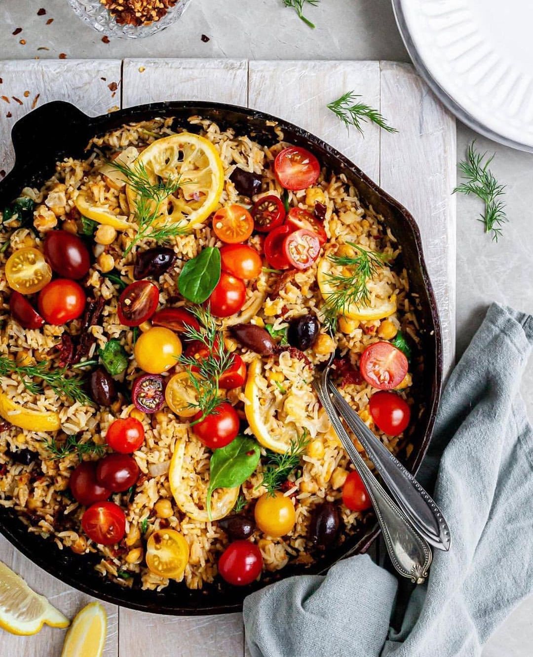 One-Skillet Baked Greek Lemon Chickpeas and Rice
