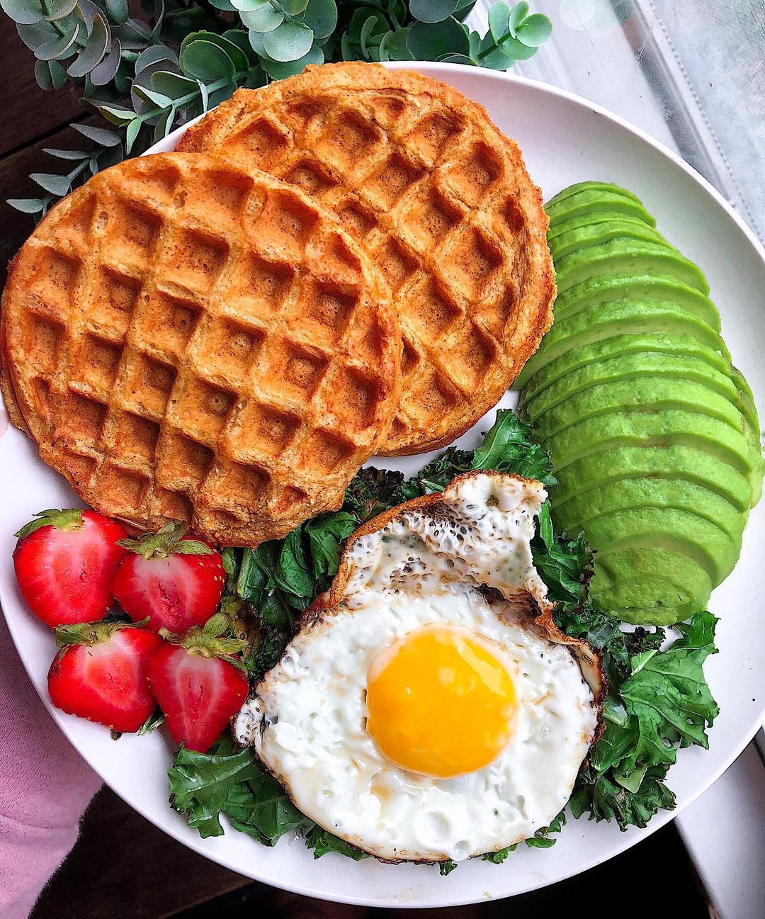 Paleo Pumpkin Waffles Breakfast with Eggs and Avocado