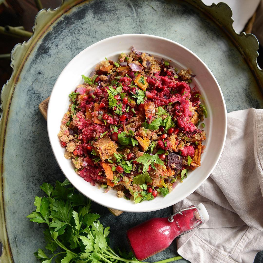 Warm Quinoa Salad with Roasted Pumpkin and Beet Dressing