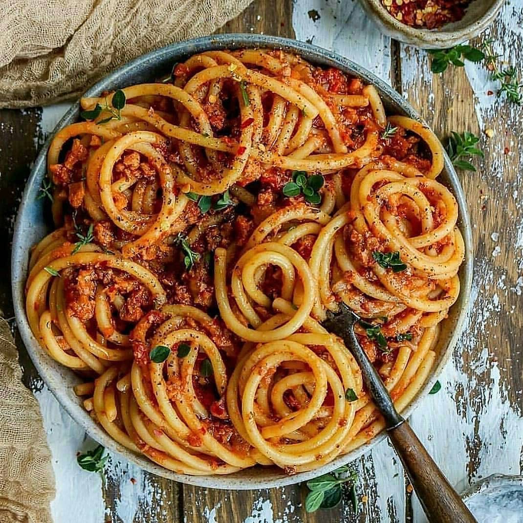 Check Out This Bucatini with Vegan Bolognese Sauce