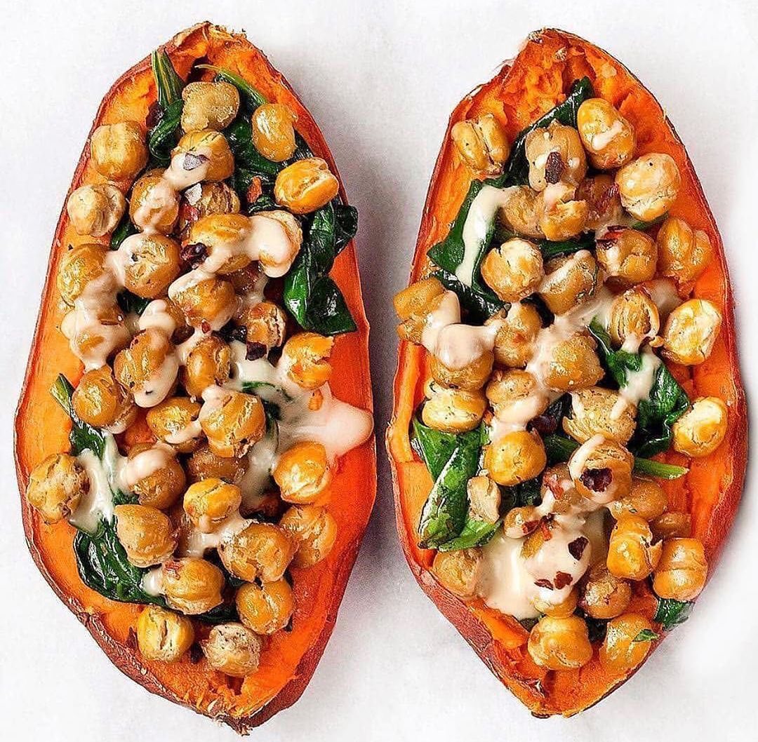 Chickpea Spinach Stuffed Sweet Potatoes
