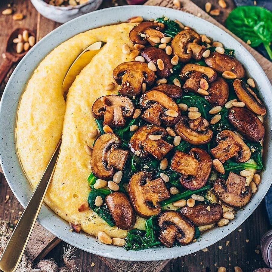 Creamy Vegan Polenta with Mushrooms and Spinach