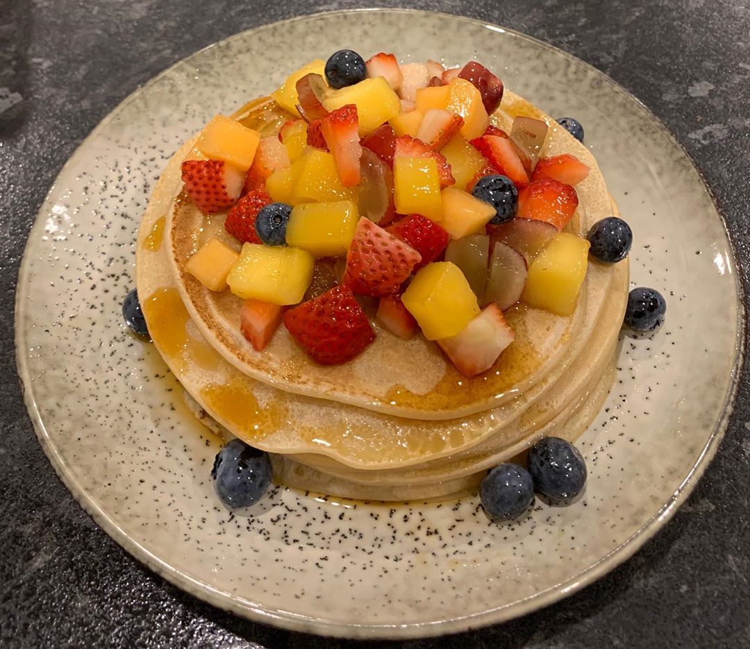 Healthy Vegan Spelt Pancakes with Fruit and Syrup