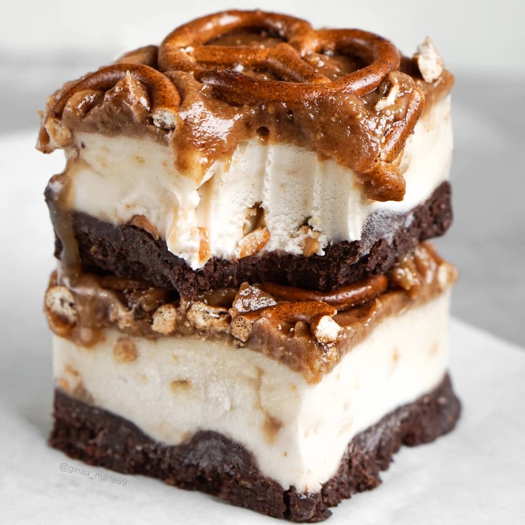 Salted Caramel Ice Cream Bars with Pretzels and a Brownie Base