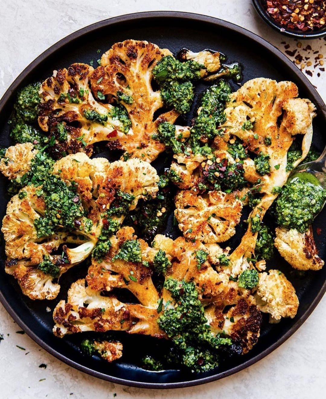 Cauliflower Steak with Kale Walnut Pesto