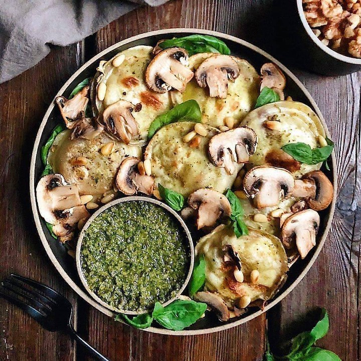 Crispy Roasted Ravioli with Basil Walnut Pesto