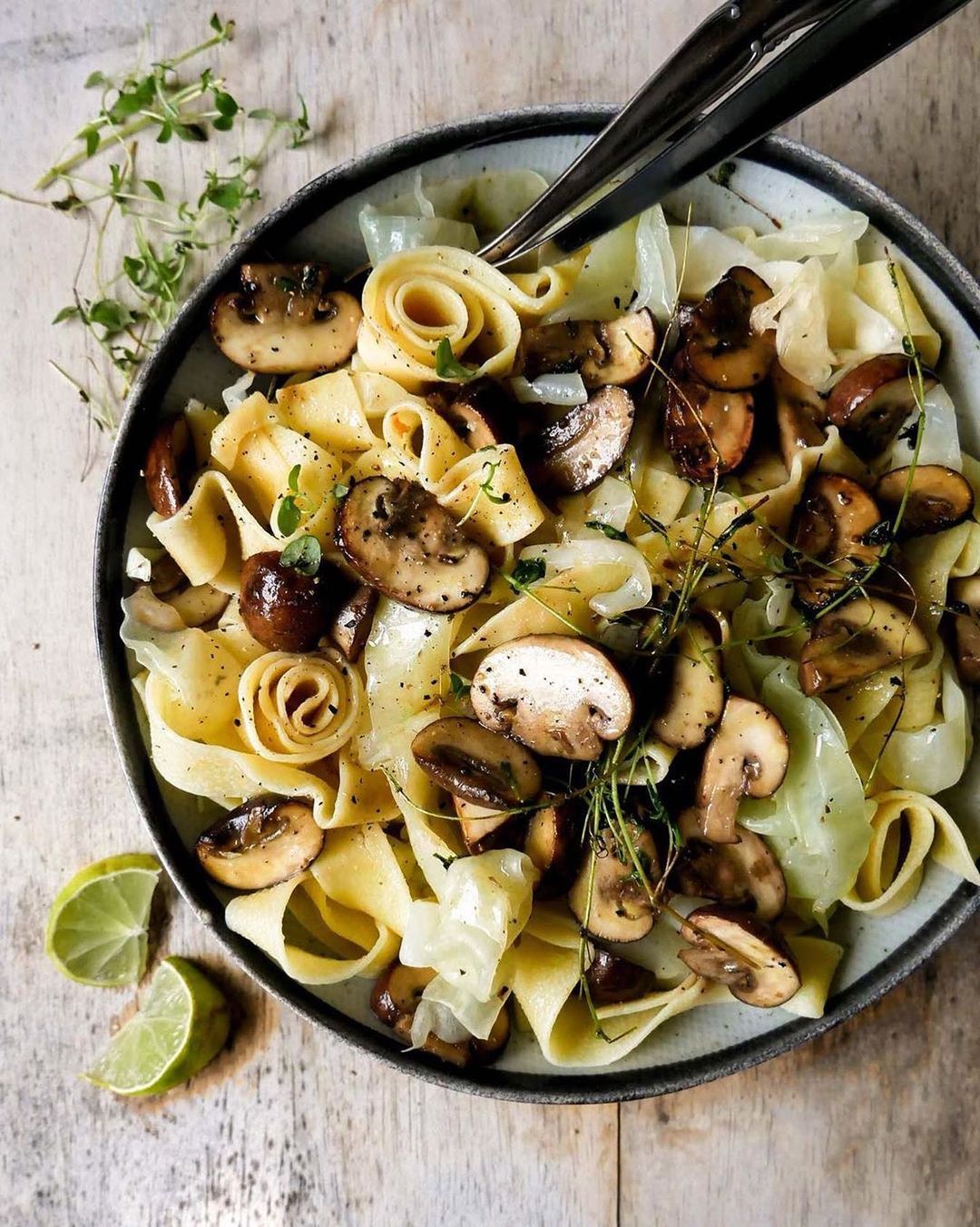 Cabbage Pasta with Thyme Roasted Mushrooms