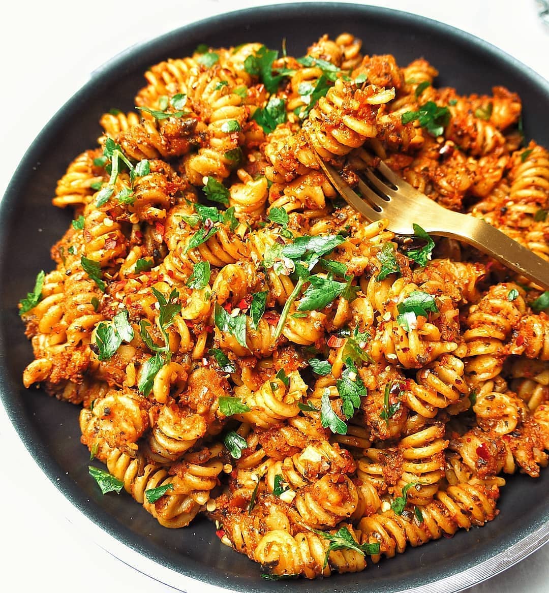Fusilli with an Easy Tomato-Mushroom Sauce and Garlicky Breadcrumbs
