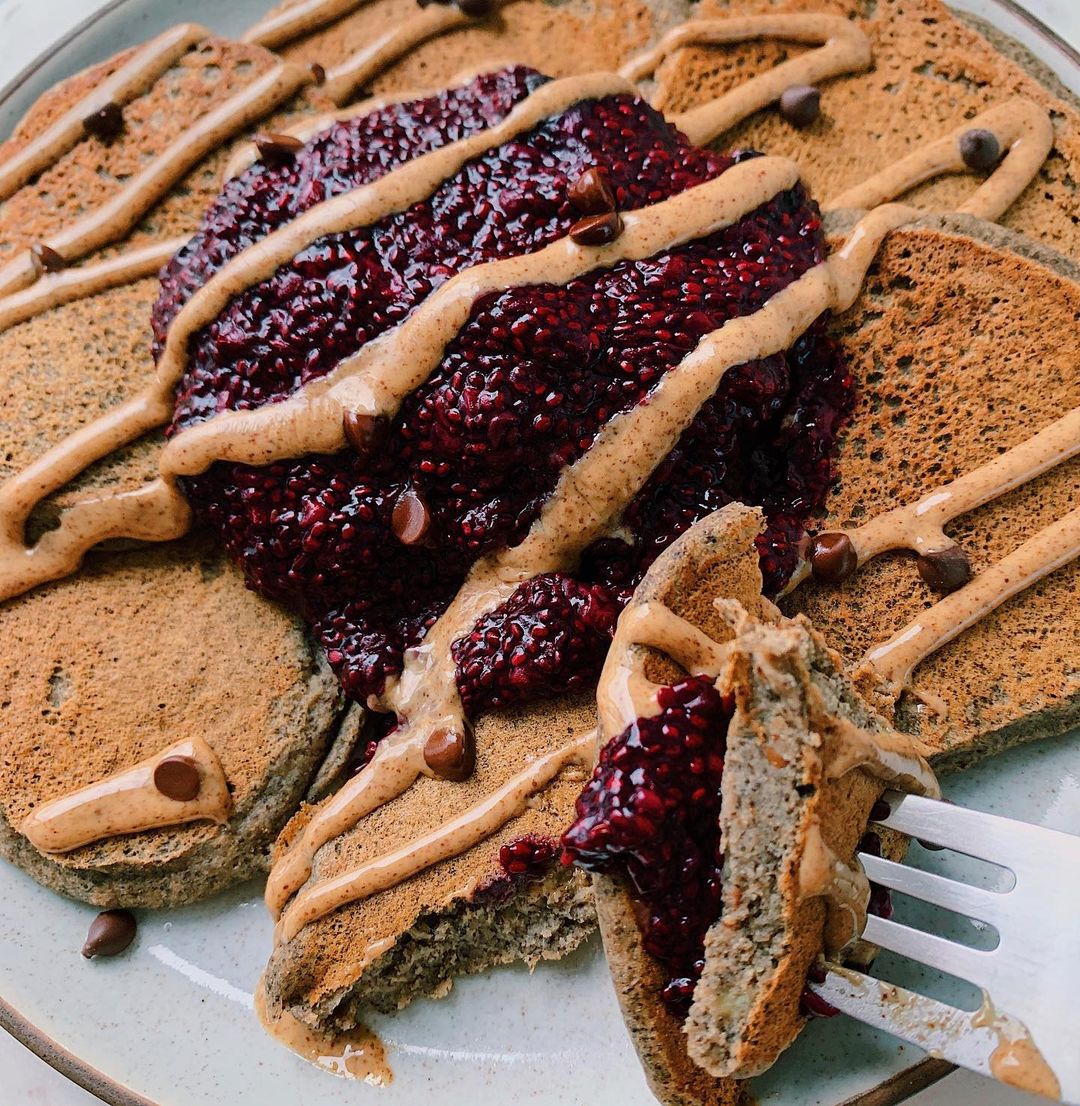 Vegan Almond Butter and Jelly Pancakes