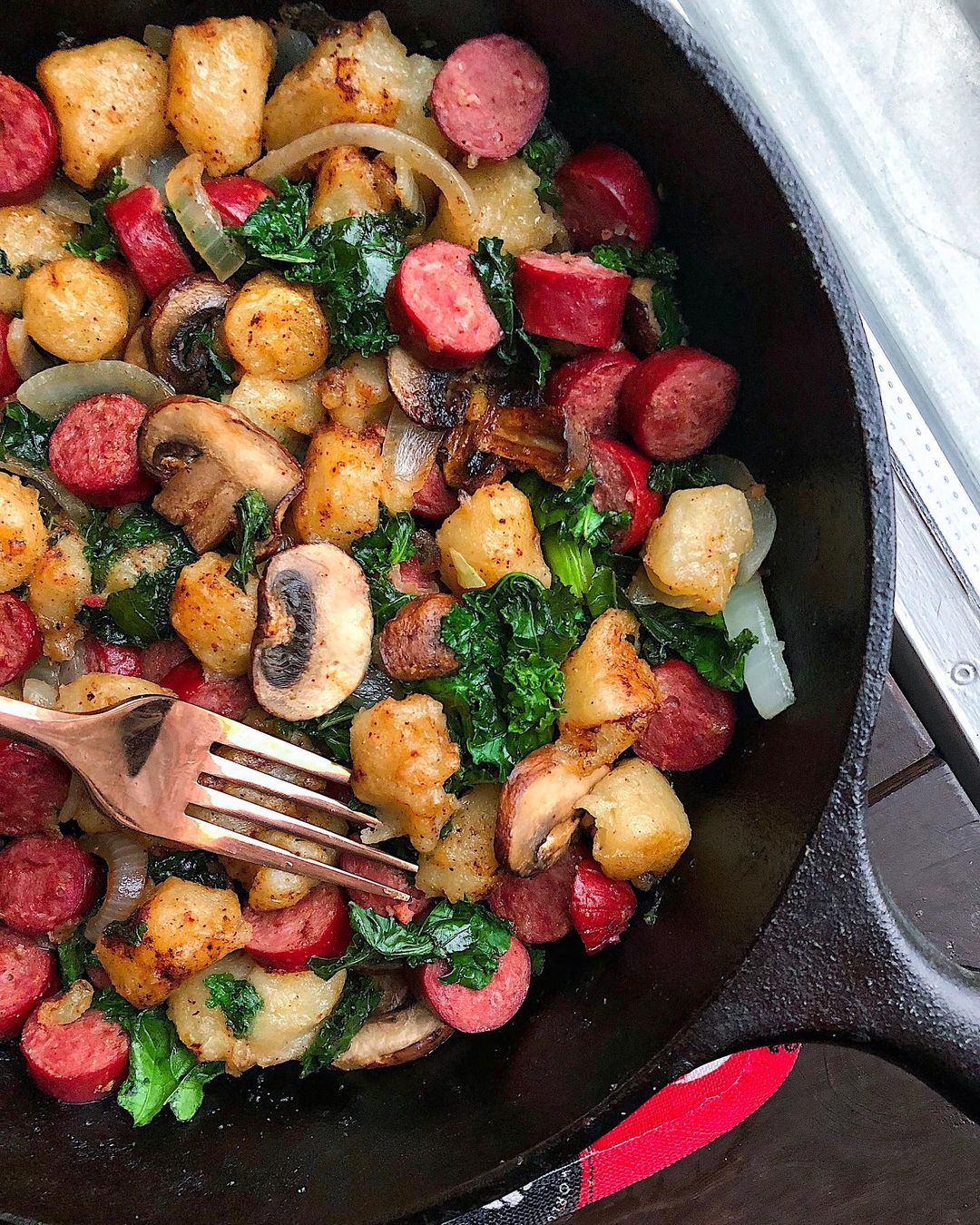 Cauliflower Gnocchi Sausage Kale Mushrooms Skillet