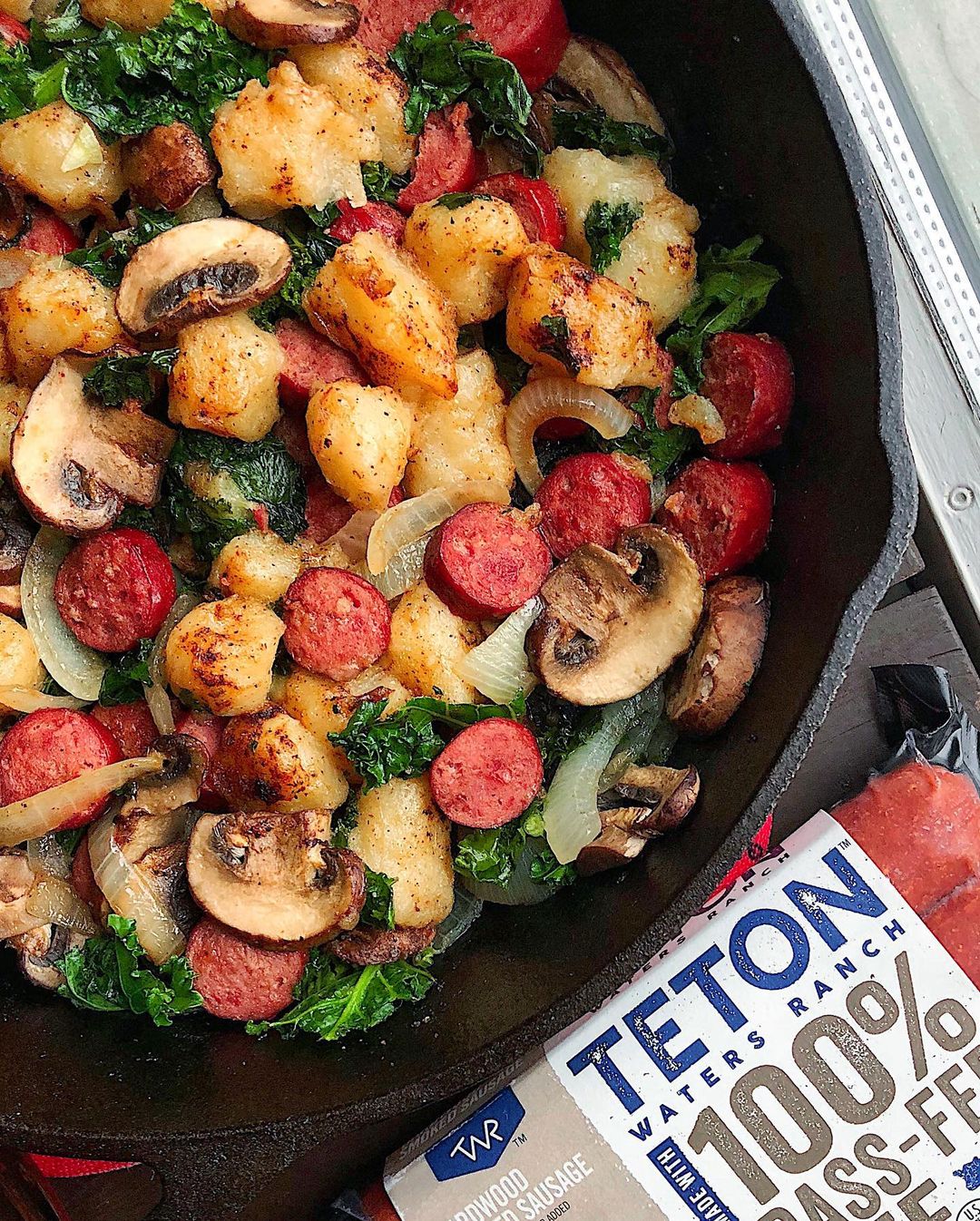 Cauliflower Gnocchi Sausage Kale Mushrooms Skillet